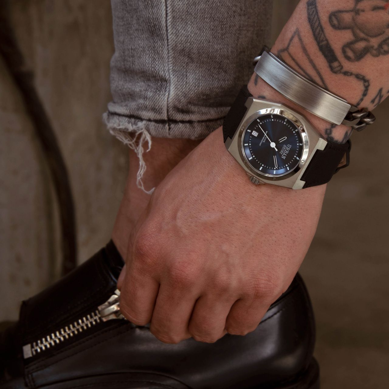 Gerecycled stainless steel heren plaatarmband gourmetschakel