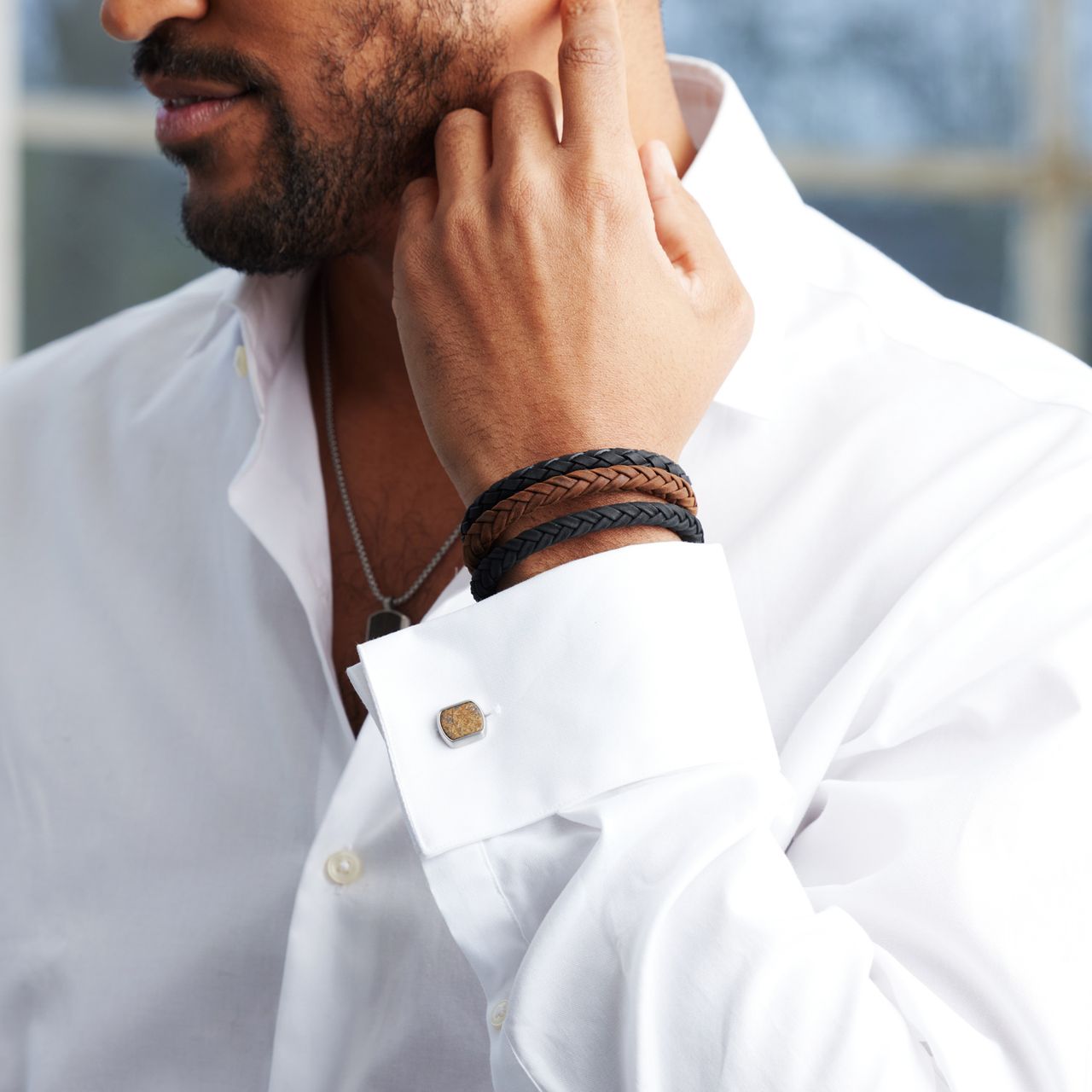 Stalen herenarmband leer donker bruin 7mm
