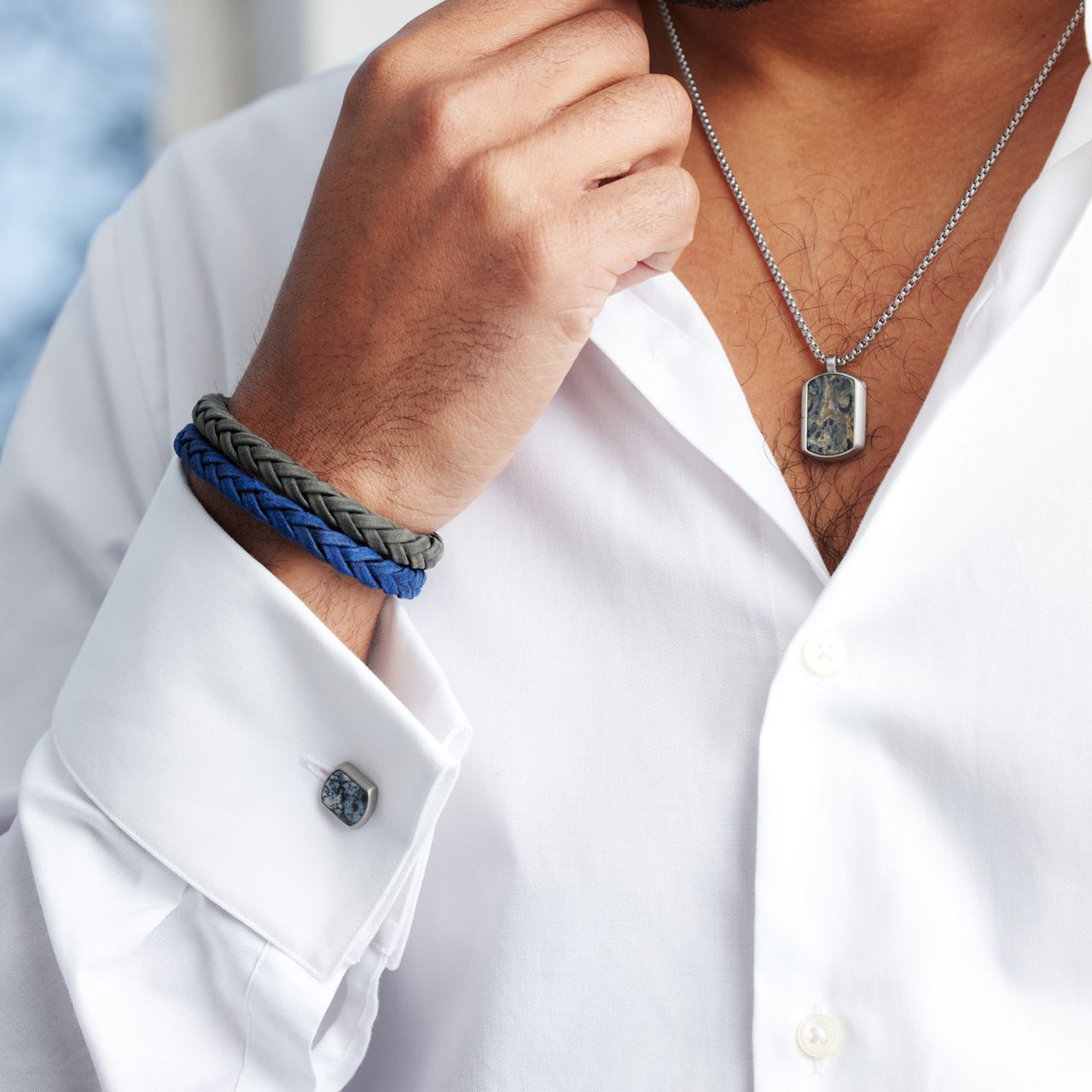 Stalen herenarmband leer donker blauw 7mm