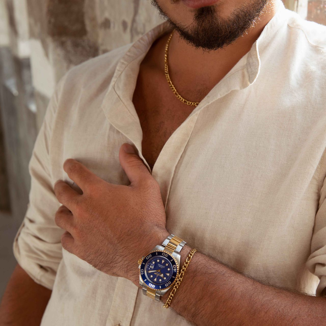 Stalen goldplated herenschakelarmband