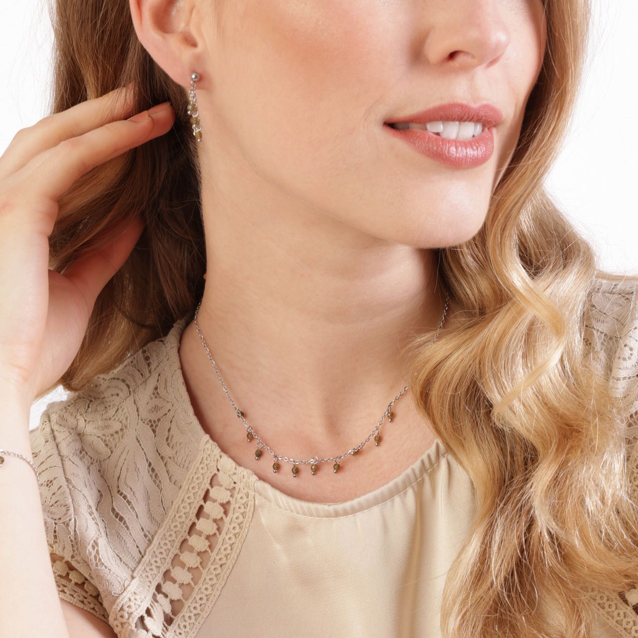 Stalen ketting met groene labradoriet
