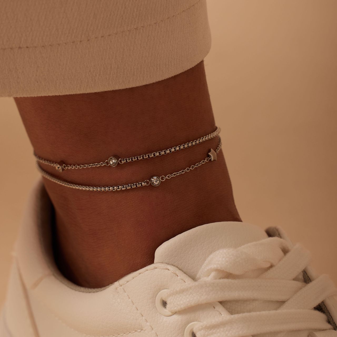 Gerecycled dubbele stainless steel enkelbandje met sterren