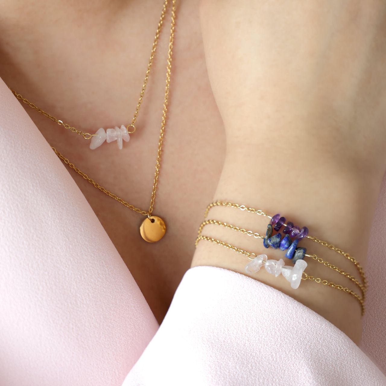 Stalen goldplated ketting met munt met rozenkwarts voor dames