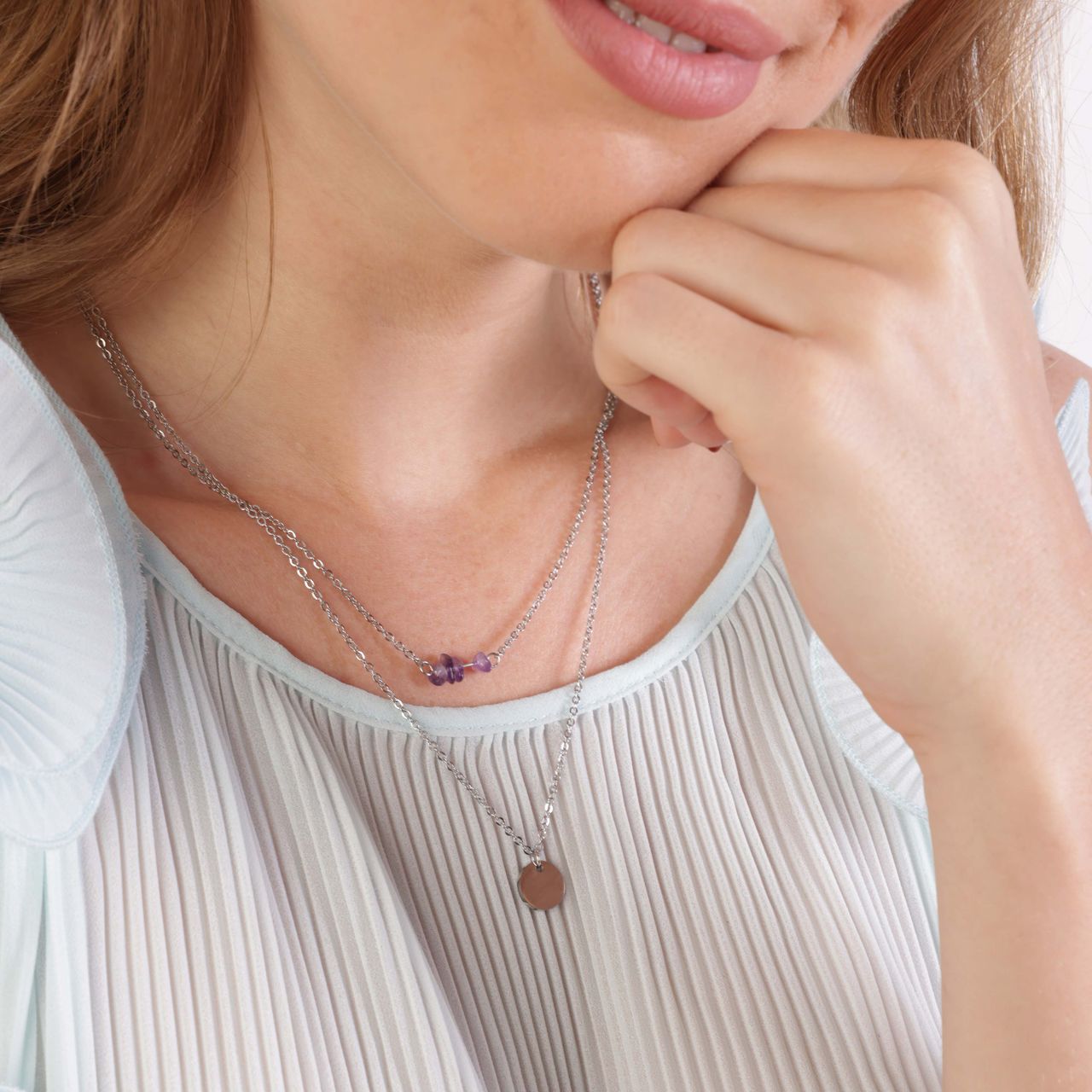 LuLu Jewels stalen ketting met muntje en amethyst voor dames