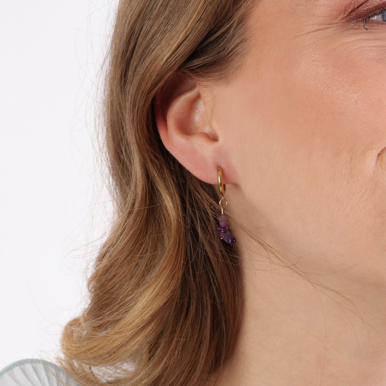 Stainless steel goldplated oorringen met hanger amethyst voor dames