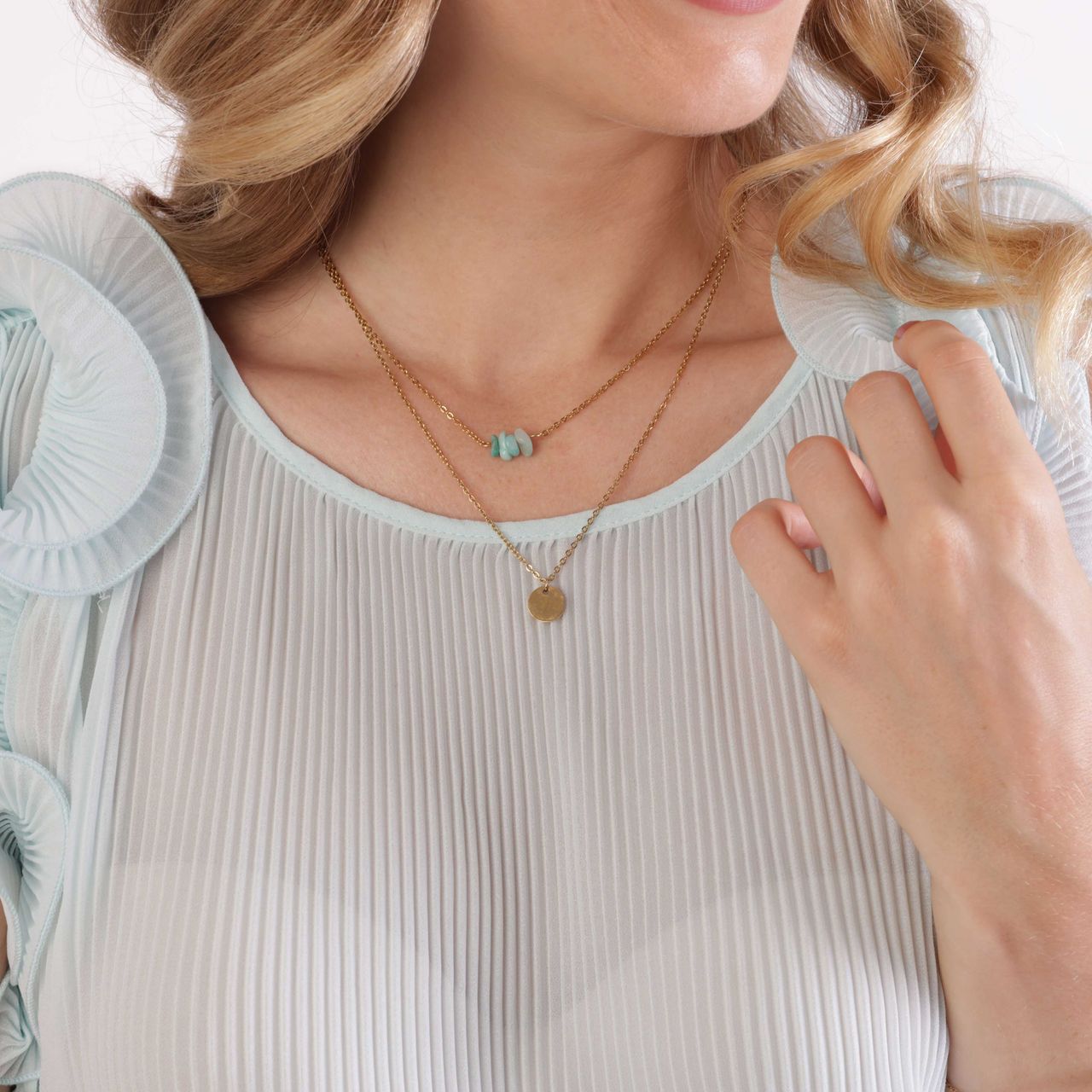 Stainless steel goldplated ketting met munt met aventurijn voor dames