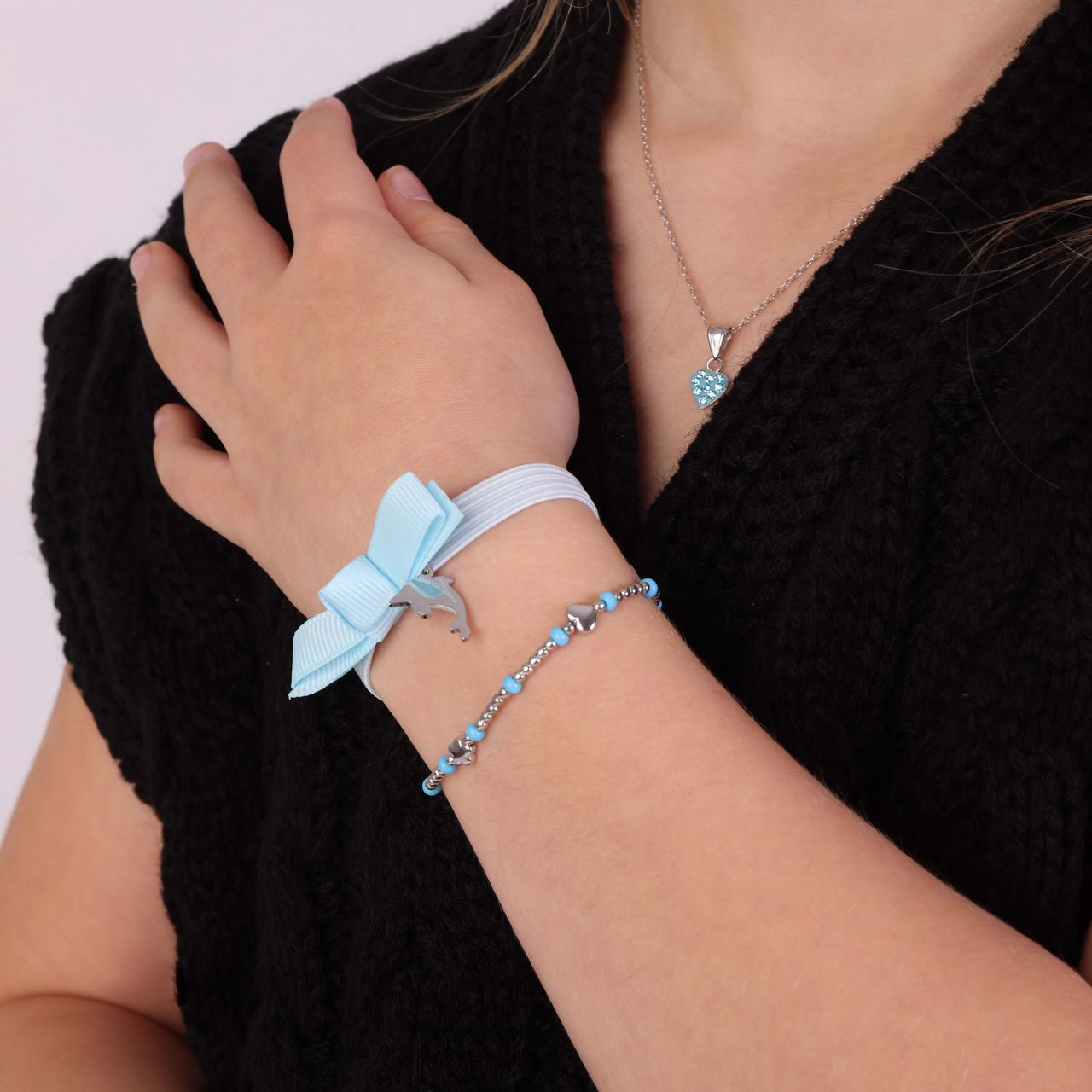 Kinderarmband, 925 Silber, Stern, Herz, Blume, blau