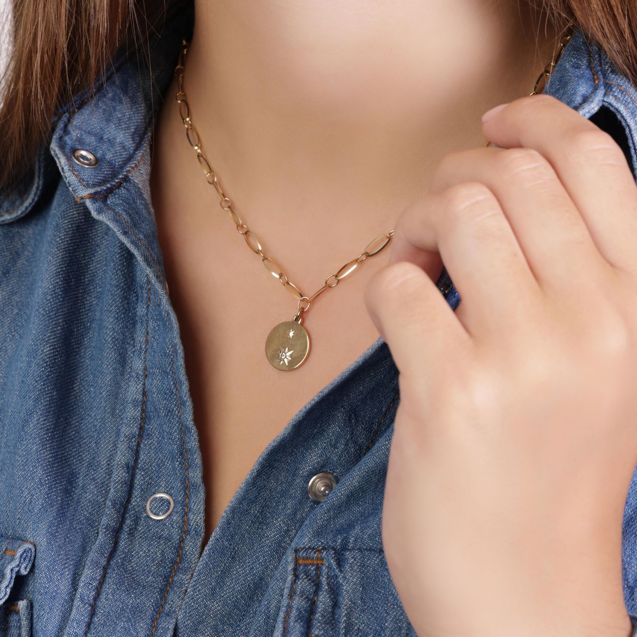 Stalen goldplated ketting met hanger munt met zirkonia voor dames