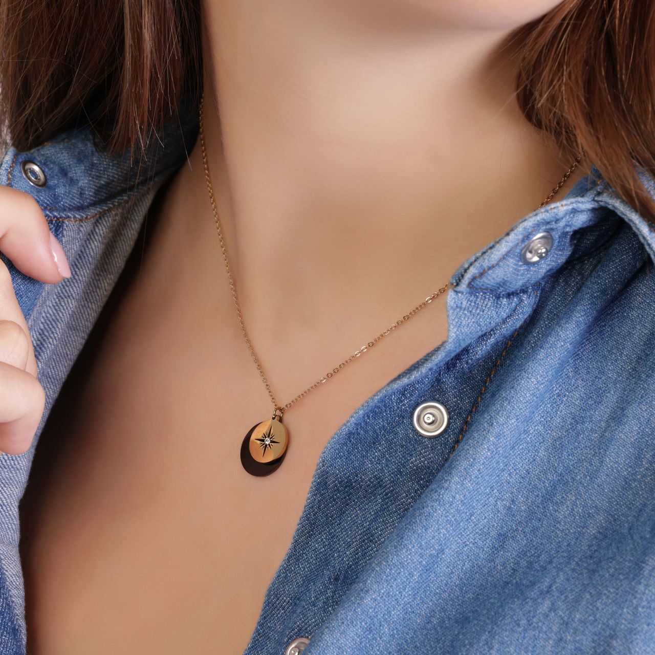 Stainless steel goldplated ketting met hanger munt met zirkonia voor dames