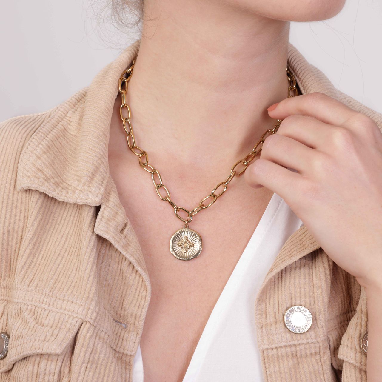 Stainless steel goldplated ketting met hanger munt voor dames