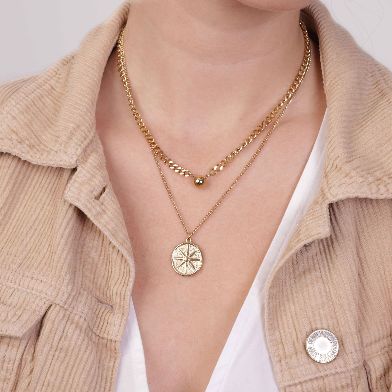 Stalen goldplated ketting met hanger munt voor dames