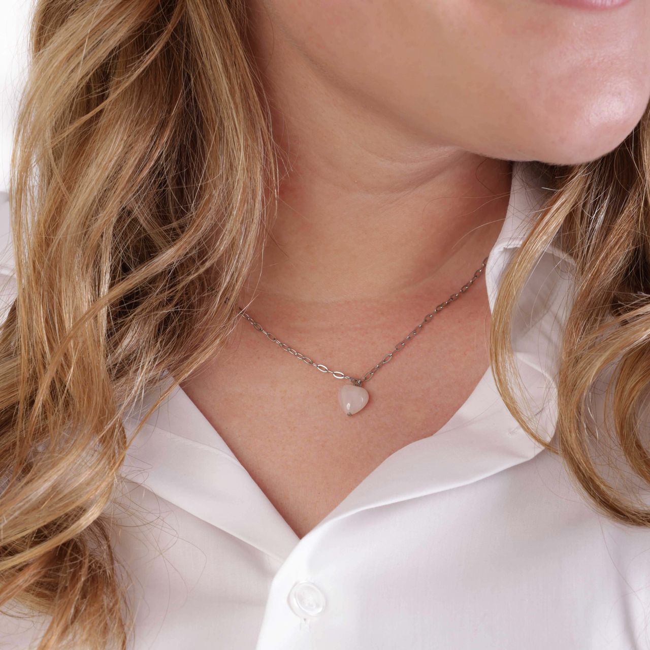 Stainless steel ketting met hartje rozenkwarts