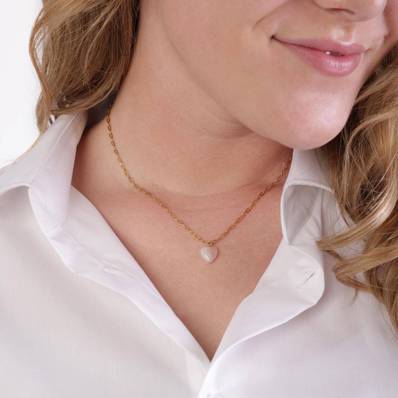 Stalen goldplated ketting met hanger hart met rozenkwarts voor dames