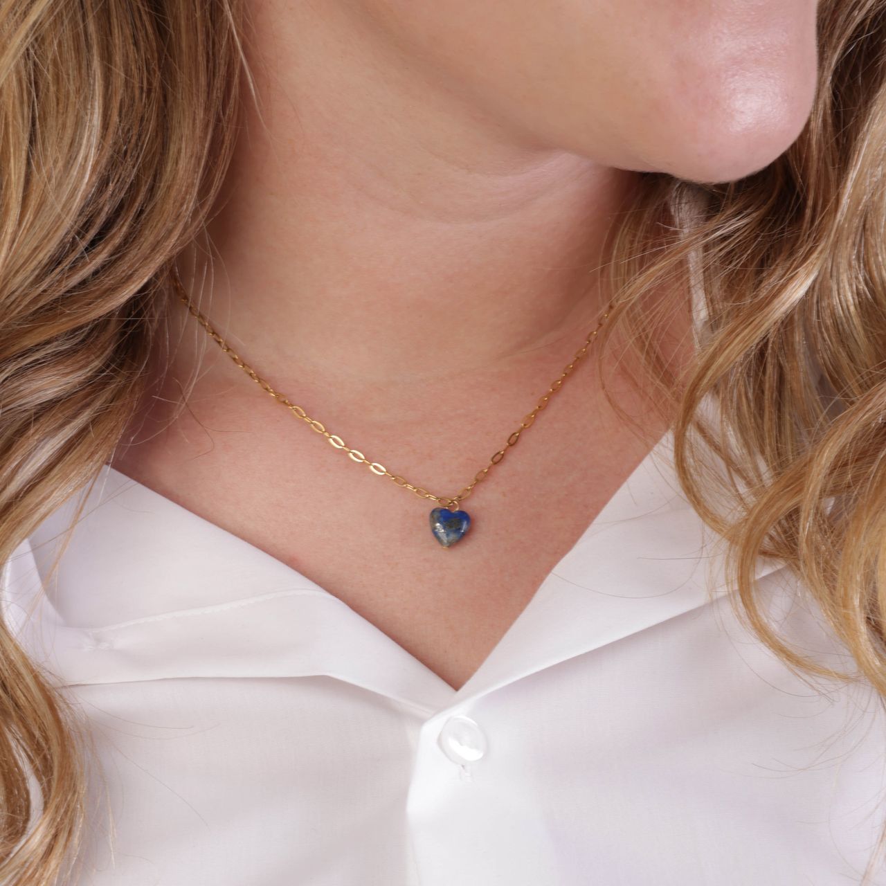 Stalen goldplated ketting met hanger hart met lapis lazuli voor dames