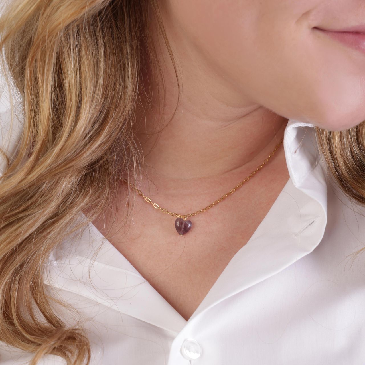 Stainless steel goldplated ketting met hartje amethyst