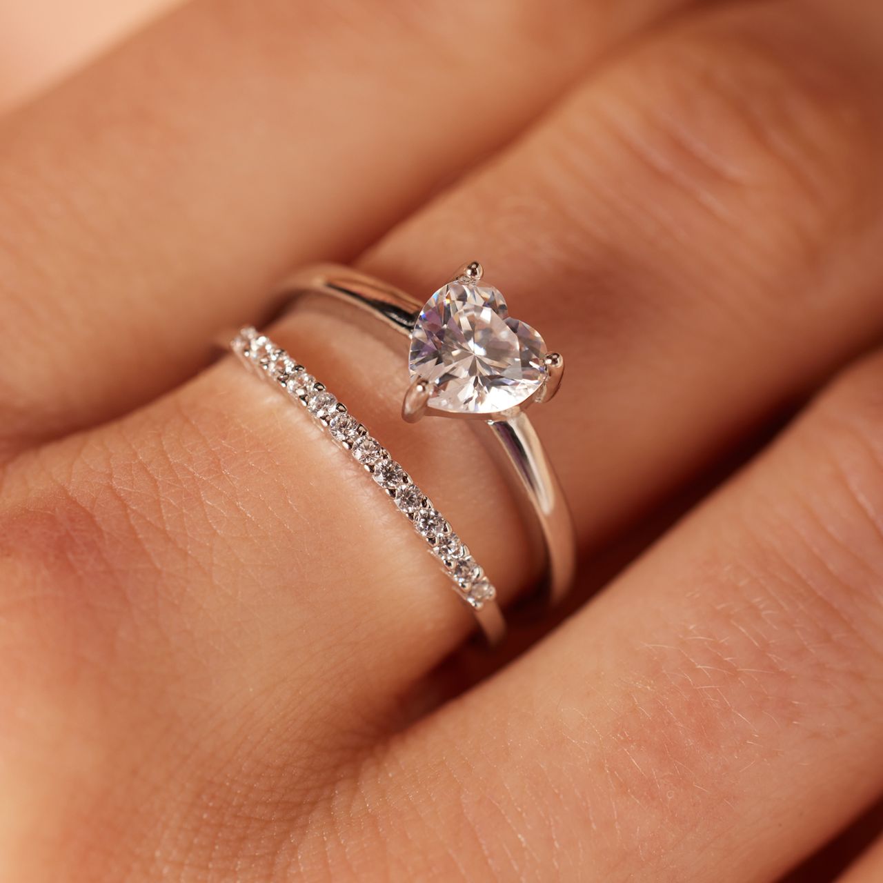 Doppelring, 925 Silber, mit Zirkonia, Herz
