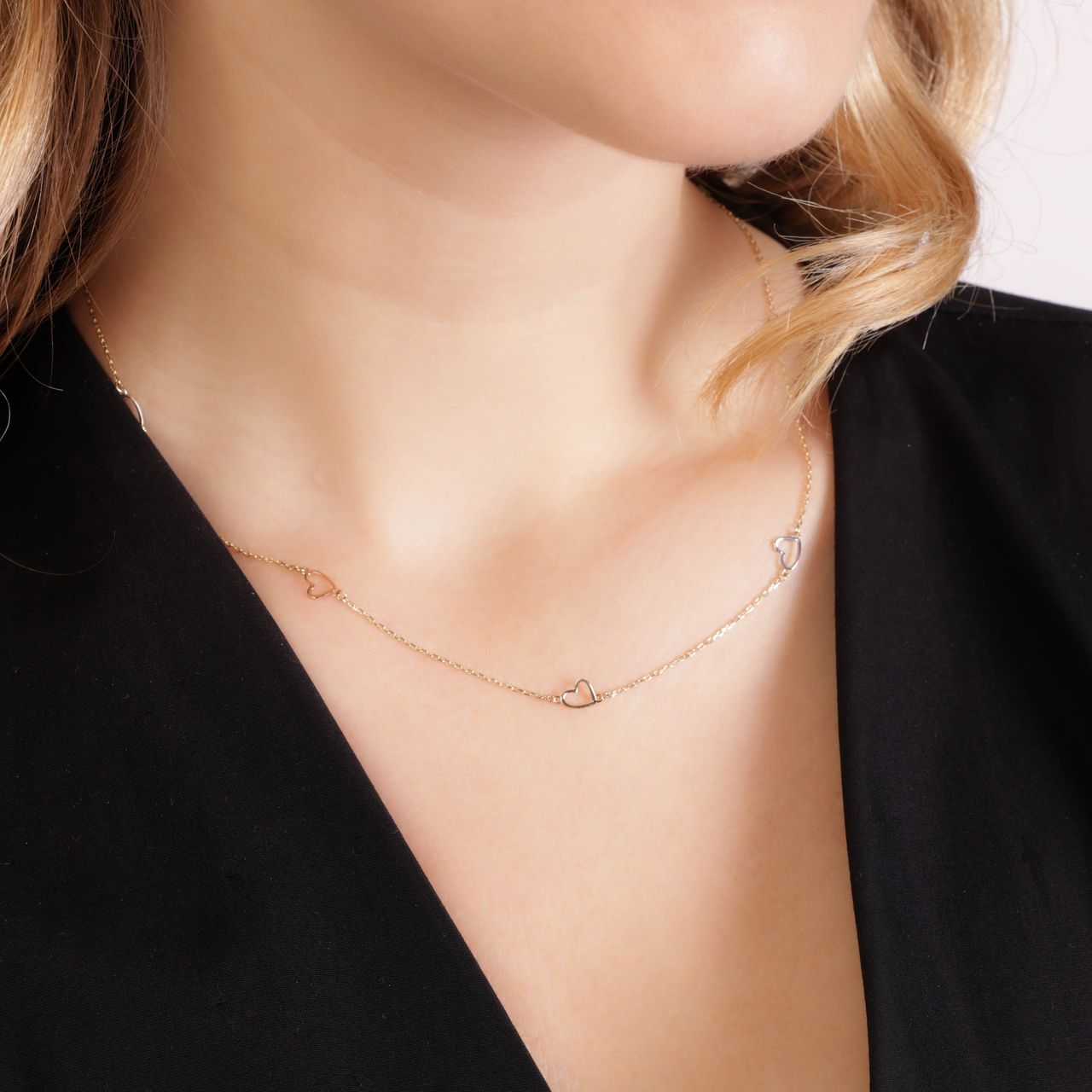 14 Karaat tricolor ketting 6 harten rose geel wit