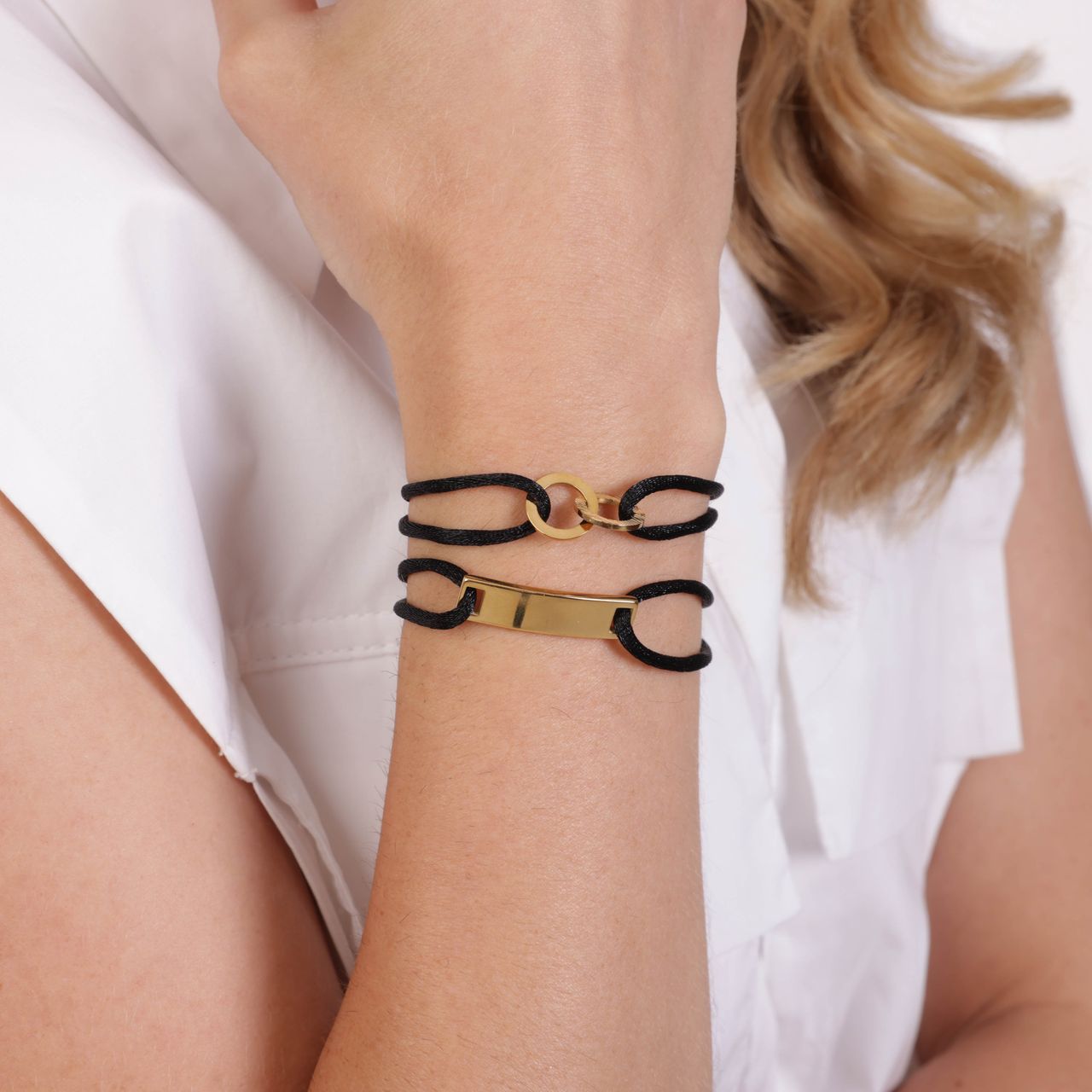 Stalen goldplated satijnen koordarmband eternity