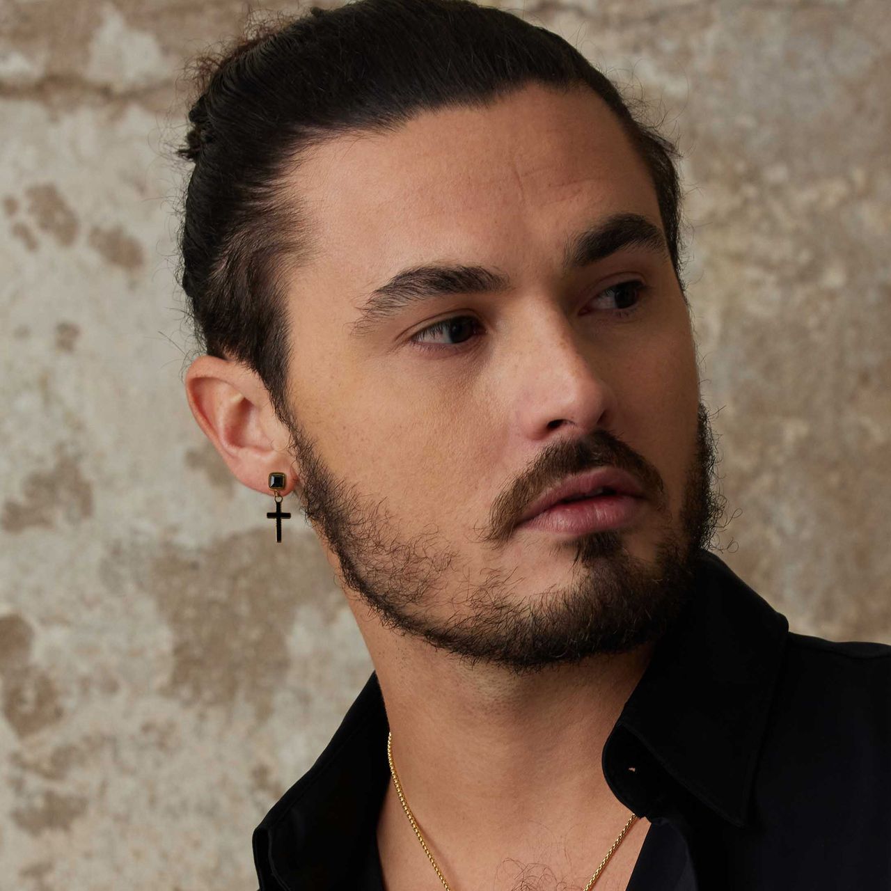 Stalen goldplated herenoorknoppen met hanger kruis met zirkonia