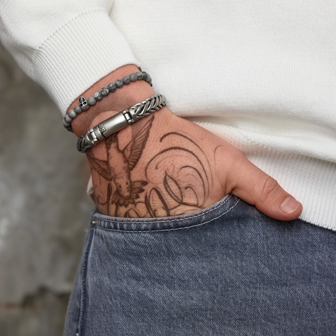 Gerecycleerd stainless steel herenarmband picasso jasper doodshoofd