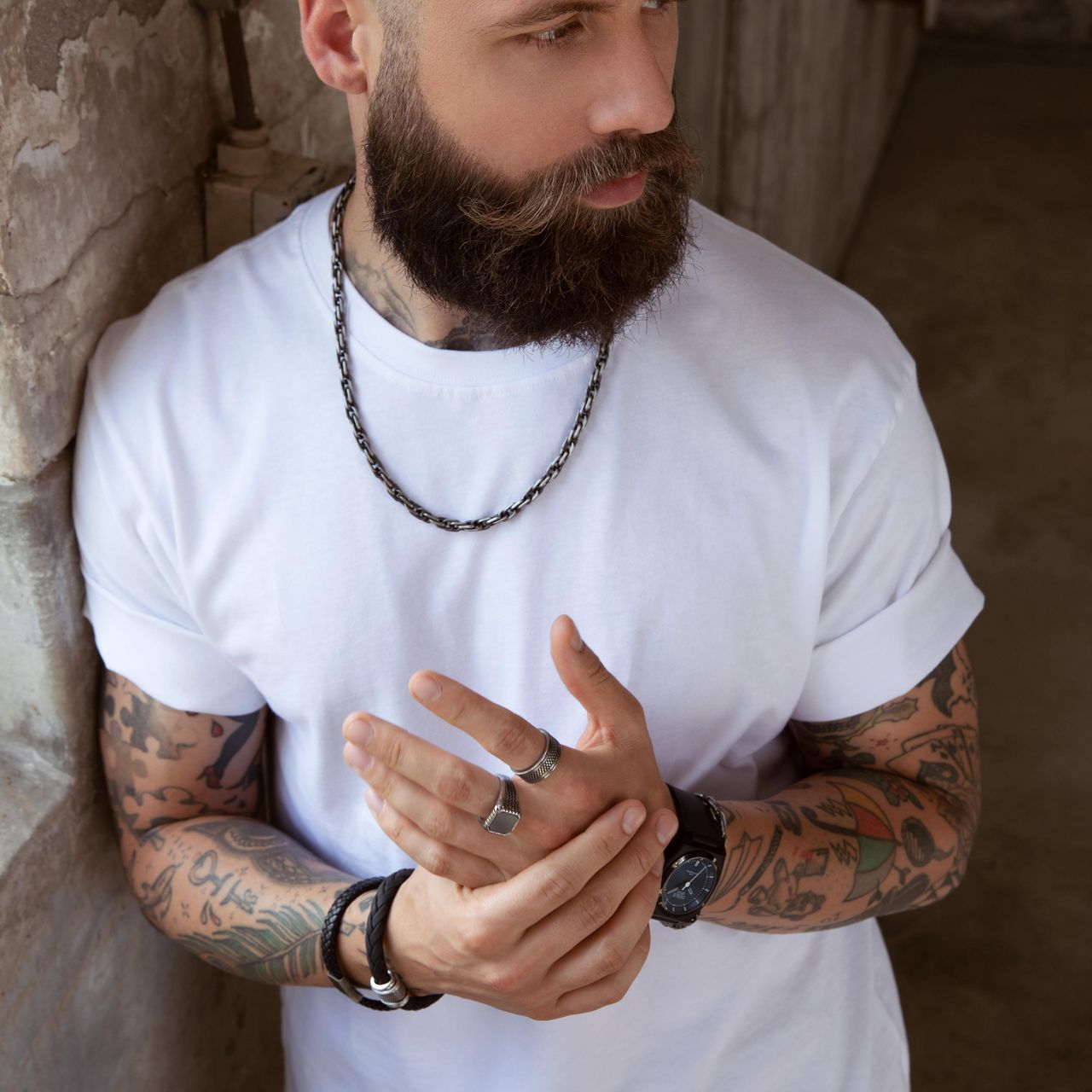 Gerecycled stainless steel herenketting schakel antique finish