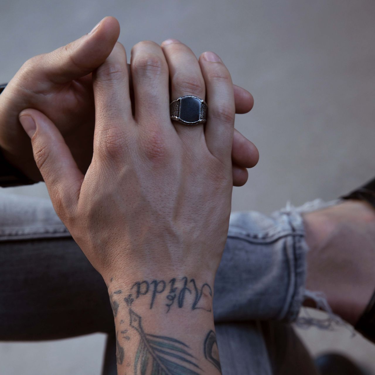 Gerecycled stainless steel heren zegelring zwart agaat