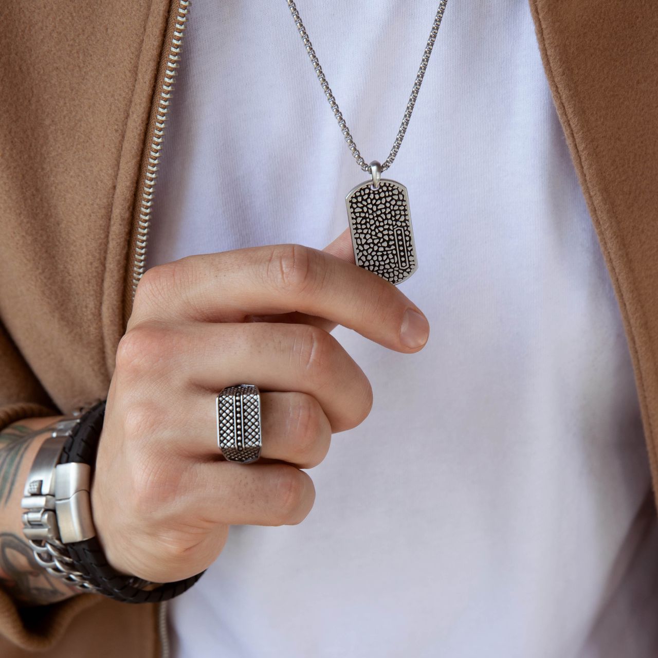 Stalen herenketting plaat reptiel antique finish
