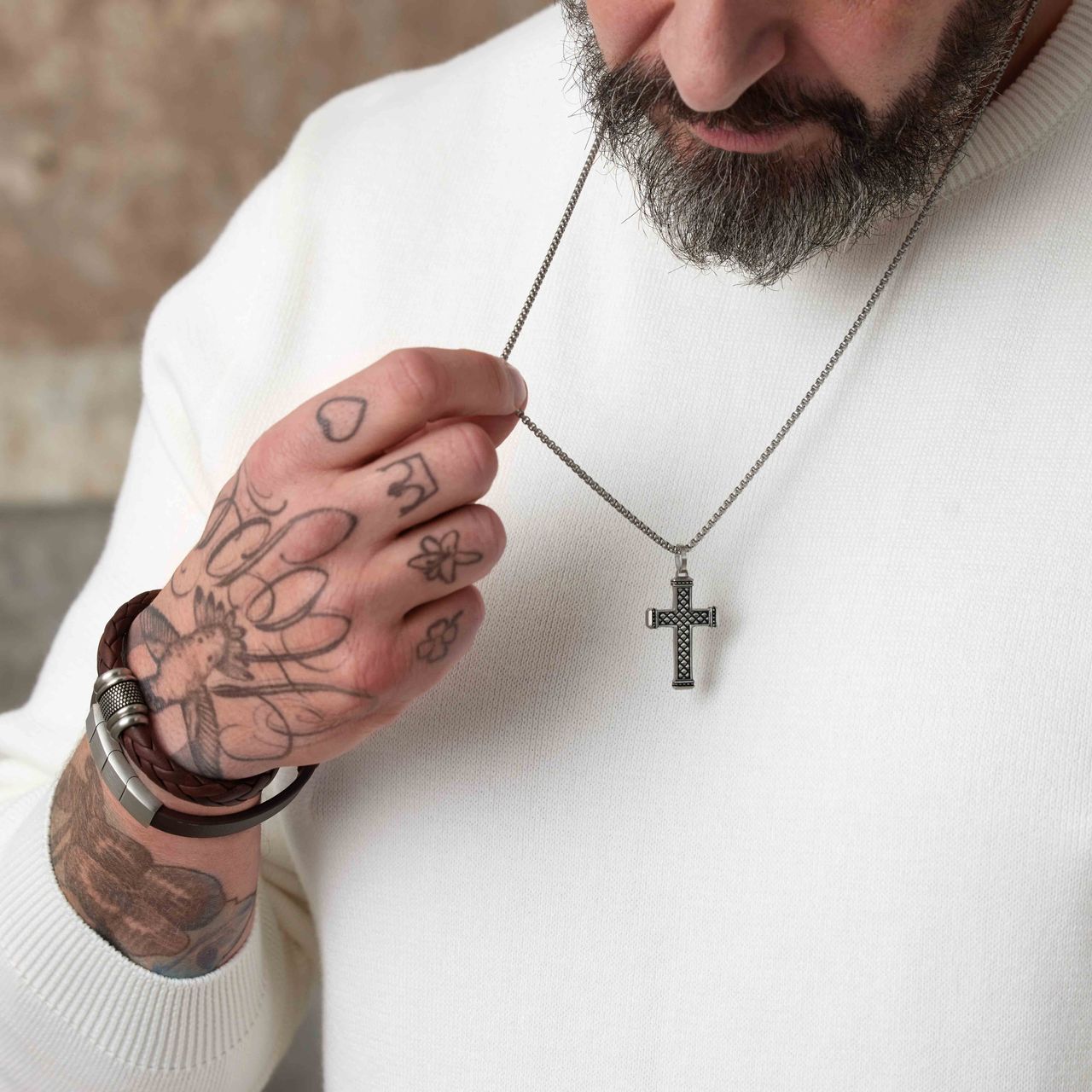 Herrenkette, Edelstahl, mit Anhänger, Kreuz, Reptil