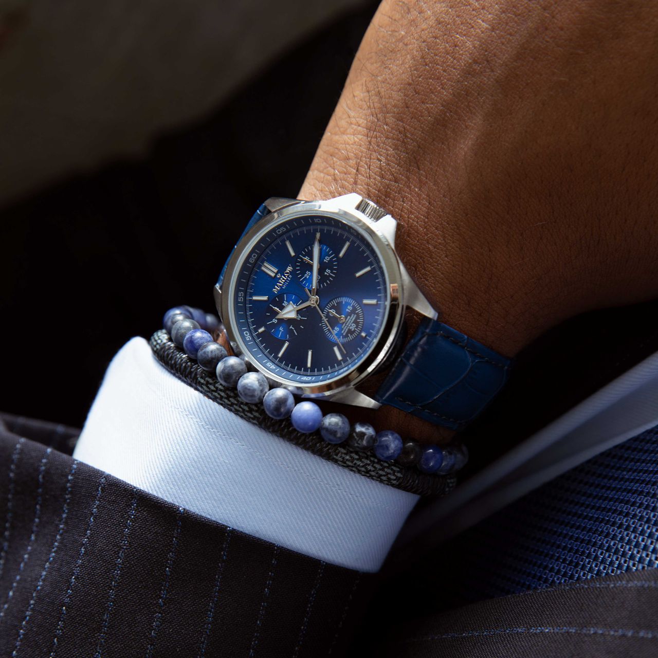 Herrenarmband, Edelstahl, Leder und Stein, blau