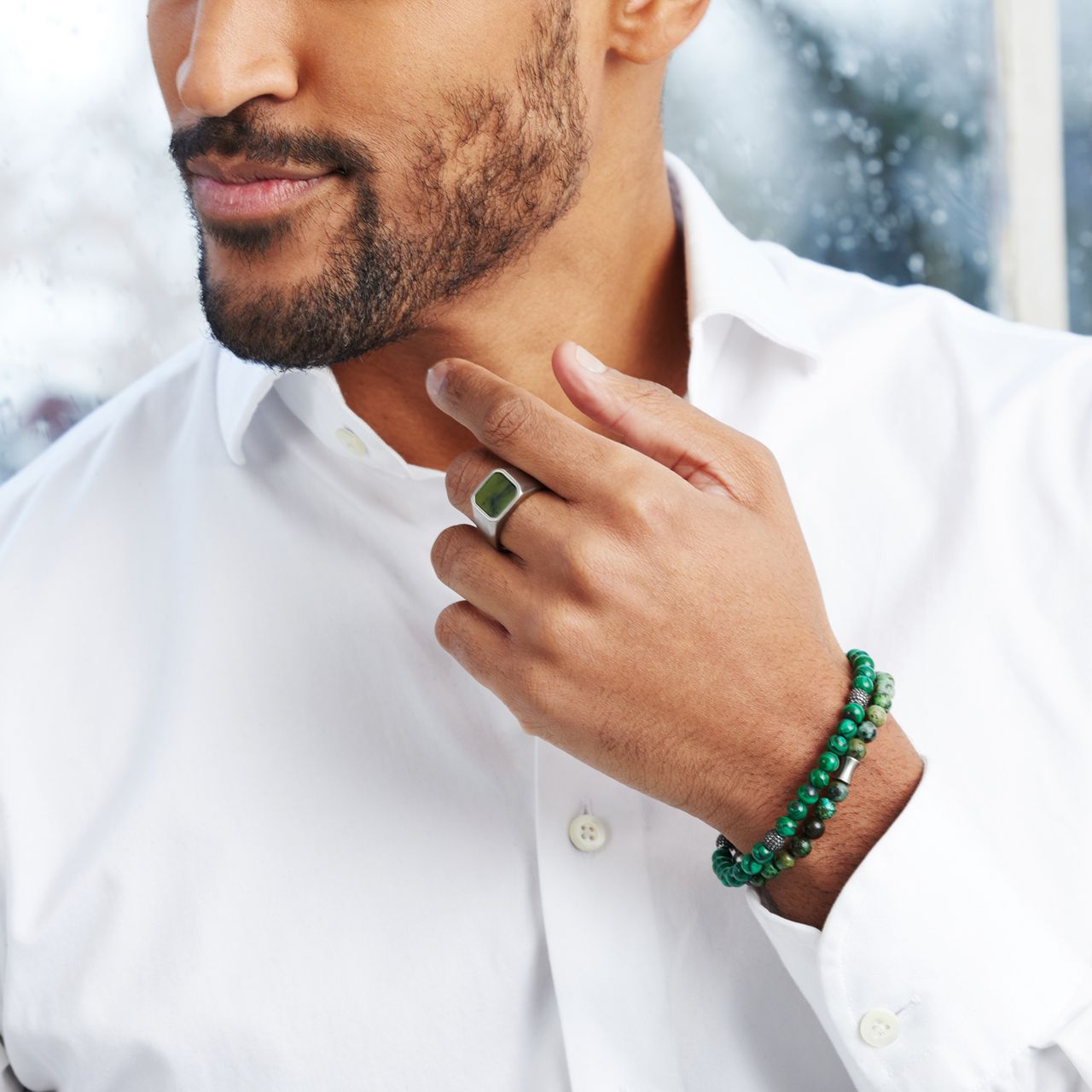 Gerecycled stainless steel heren zegelring green jasper