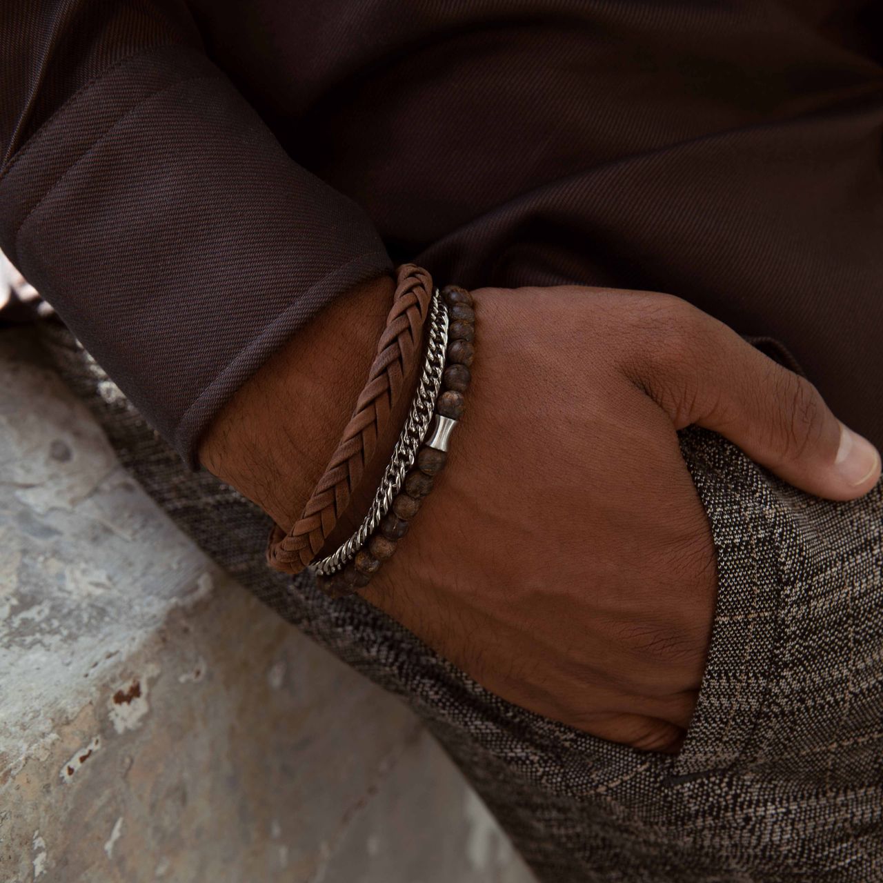 Gerecycled stainless steel set met drie herenarmbanden bruin