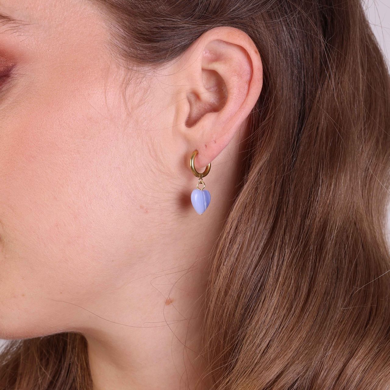 Ohrringe, Edelstahl, vergoldet, mit Herz, Achat in Blau