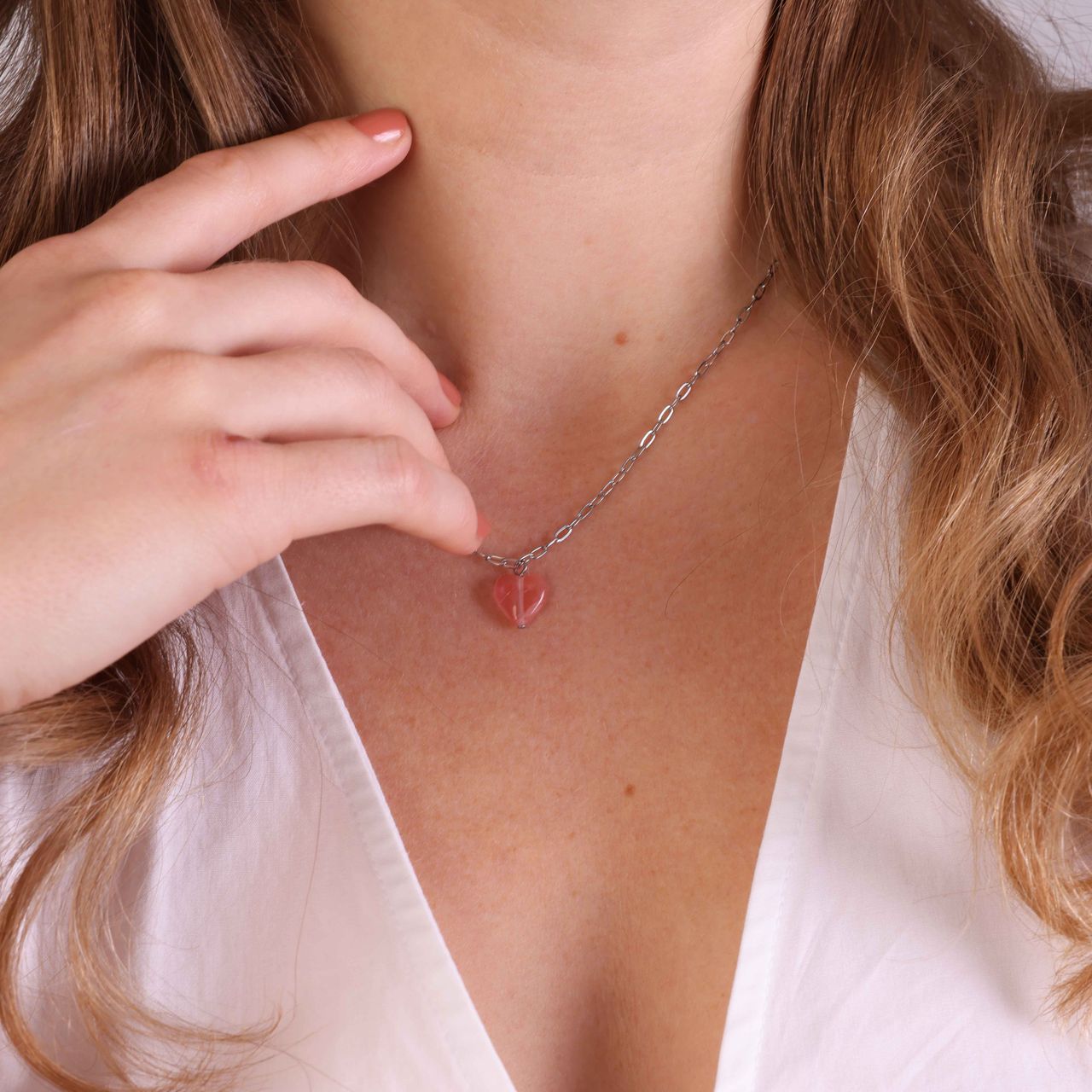 Stainless steel ketting met hart rhodoniet