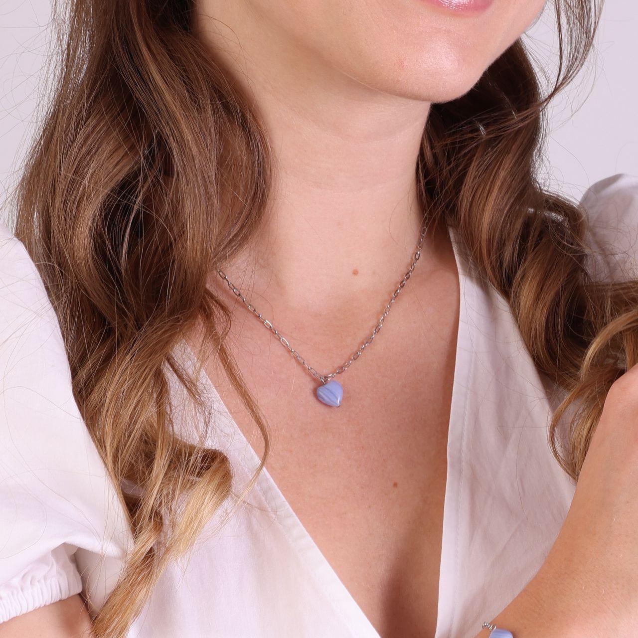 Stalen ketting met hart blauwe agaat