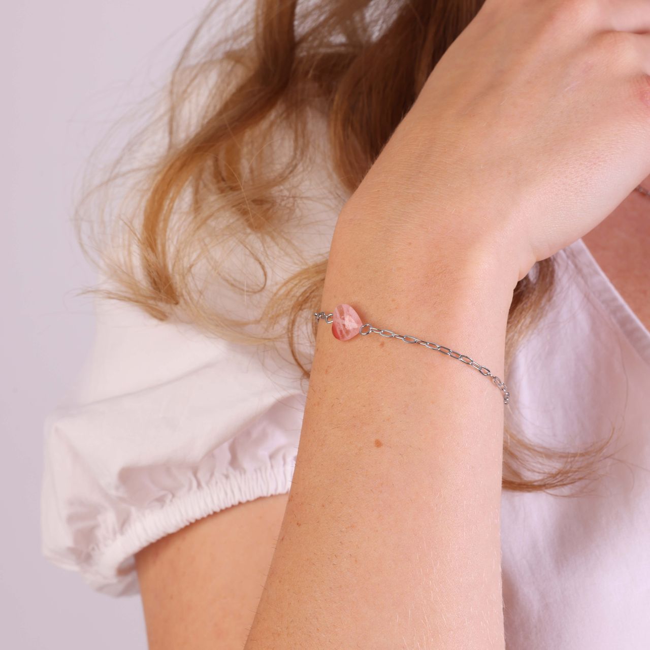 Armband, Edelstahl, mit Herz, Rhodonit