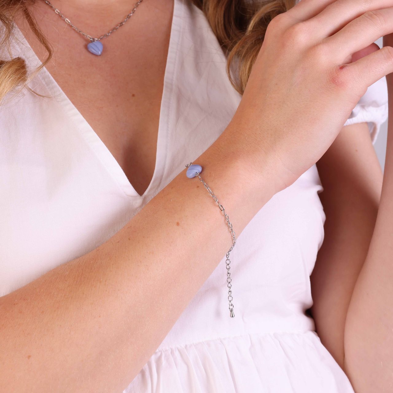 Stalen armband met hart blauwe agaat
