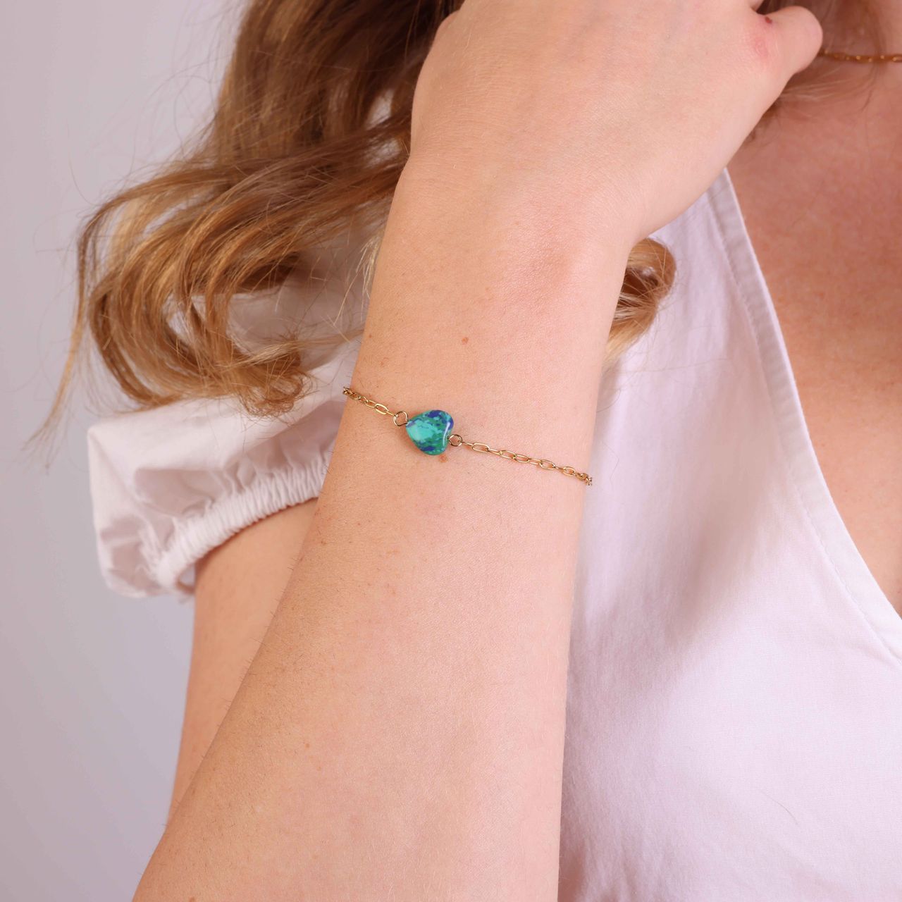 Stainless steel goldplated fantasiearmband met hanger hart met malachiet voor dames