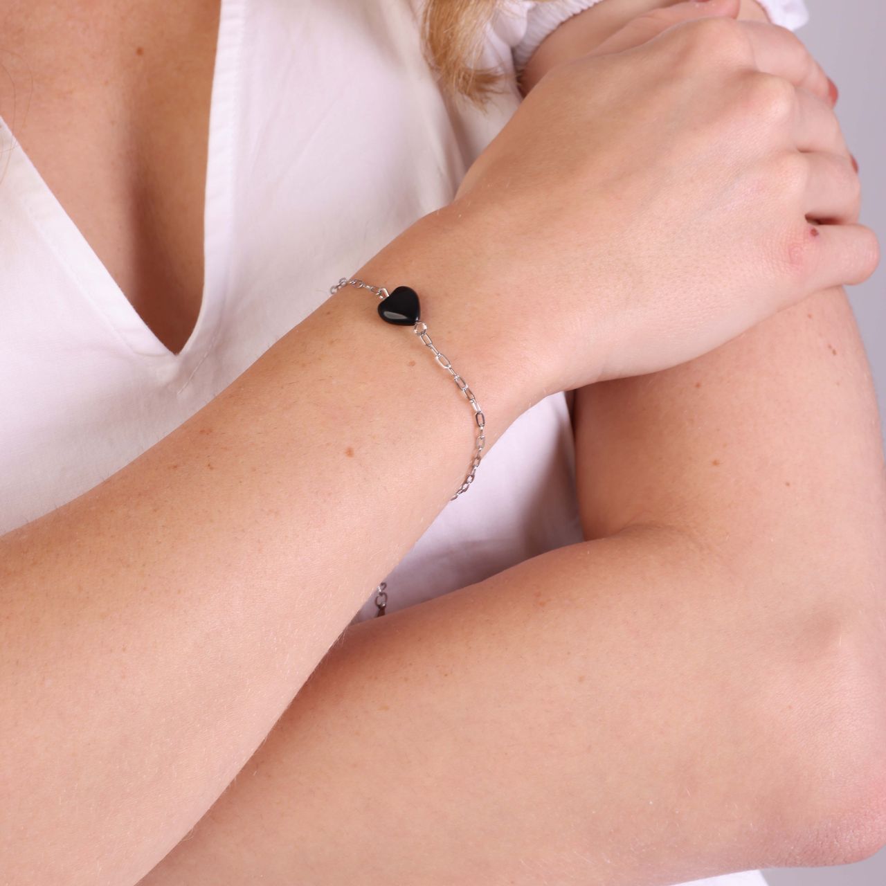Stalen armband met hart zwarte obsidiaan