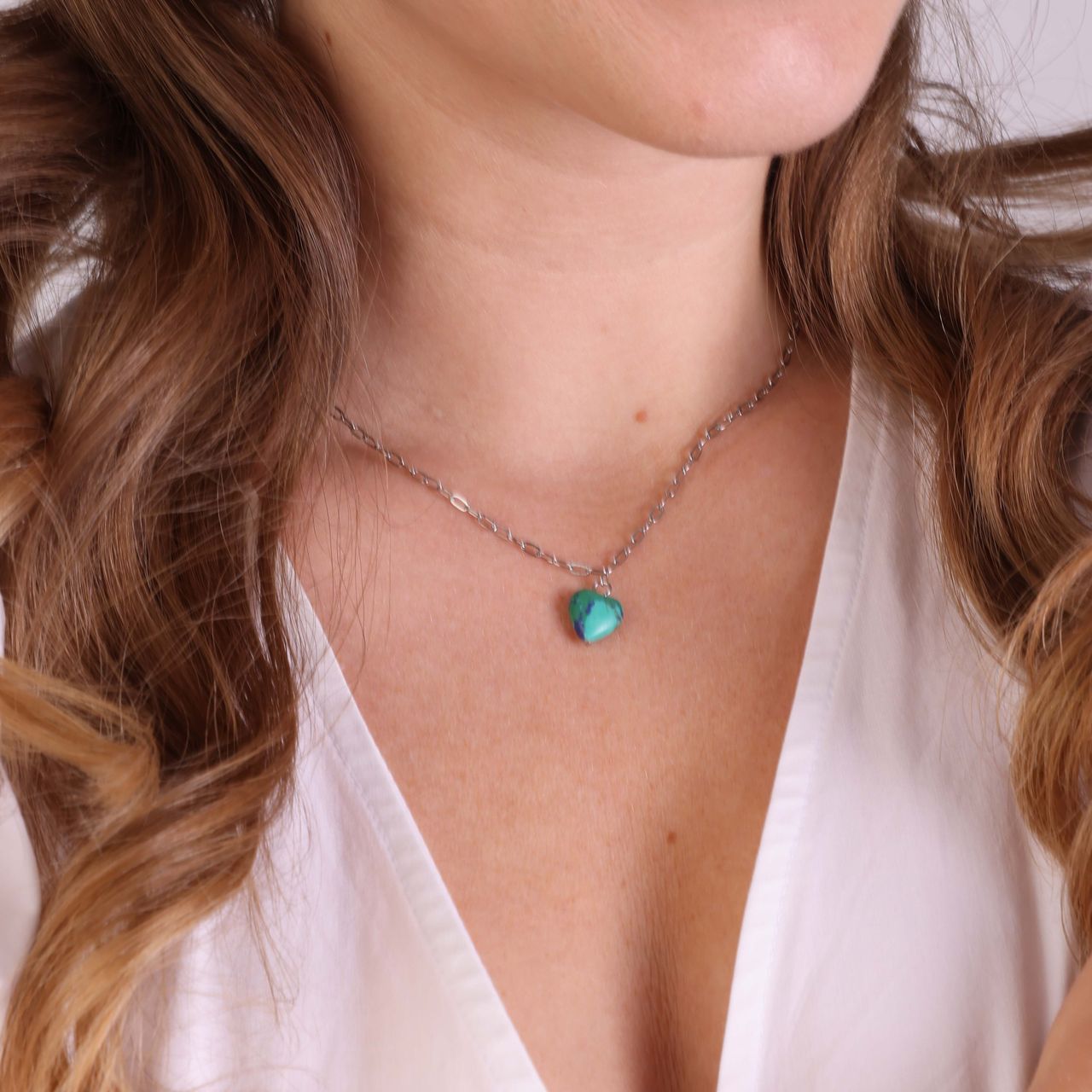 Stalen ketting met hart malachiet