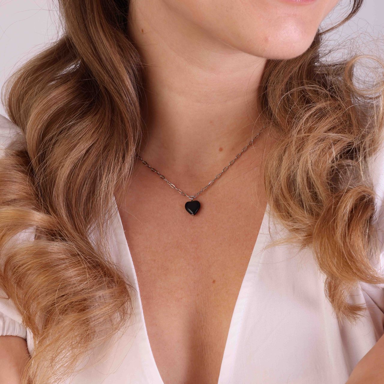 LuLu Jewels stalen ketting met hart zwarte obsidiaan voor dames