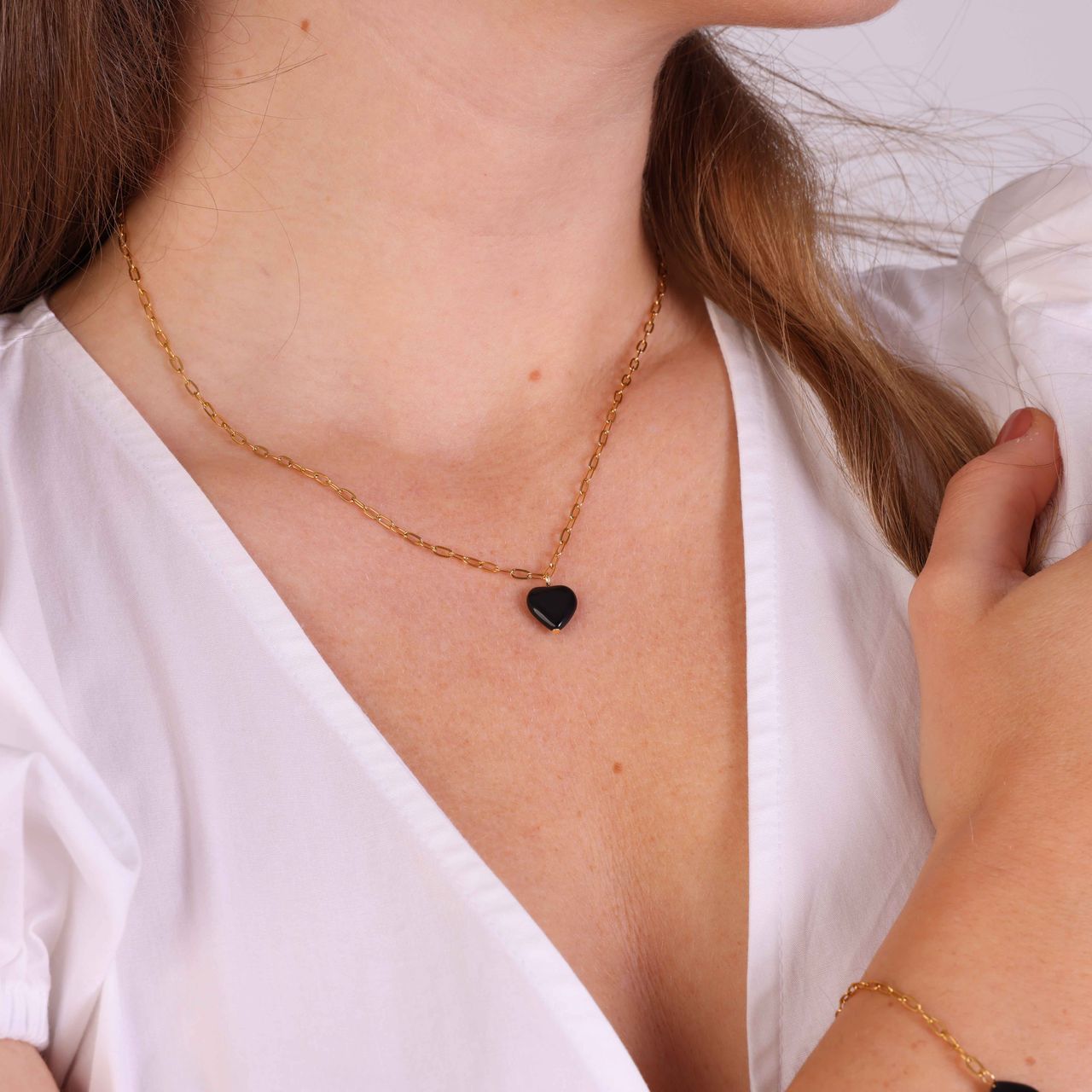 Stainless steel goldplated ketting met hanger hart met obsidiaan voor dames