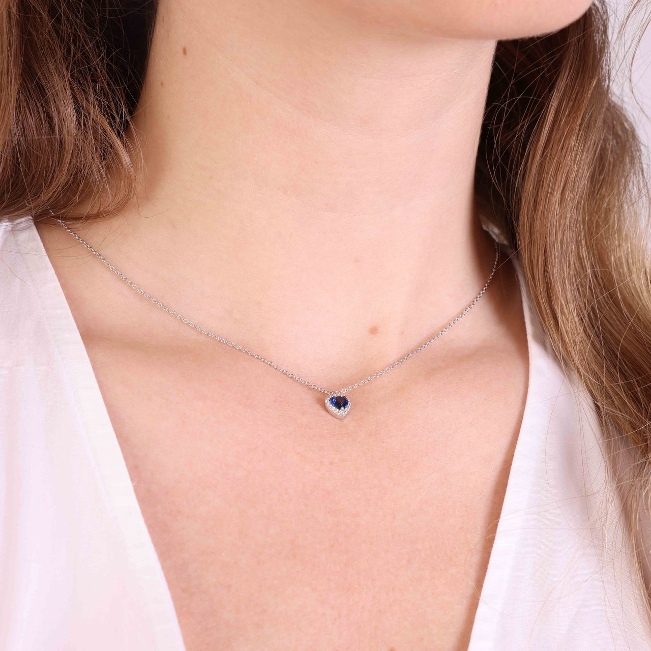 Halskette, 925 Silber, mit Herzanhänger, Zirkonia, blau