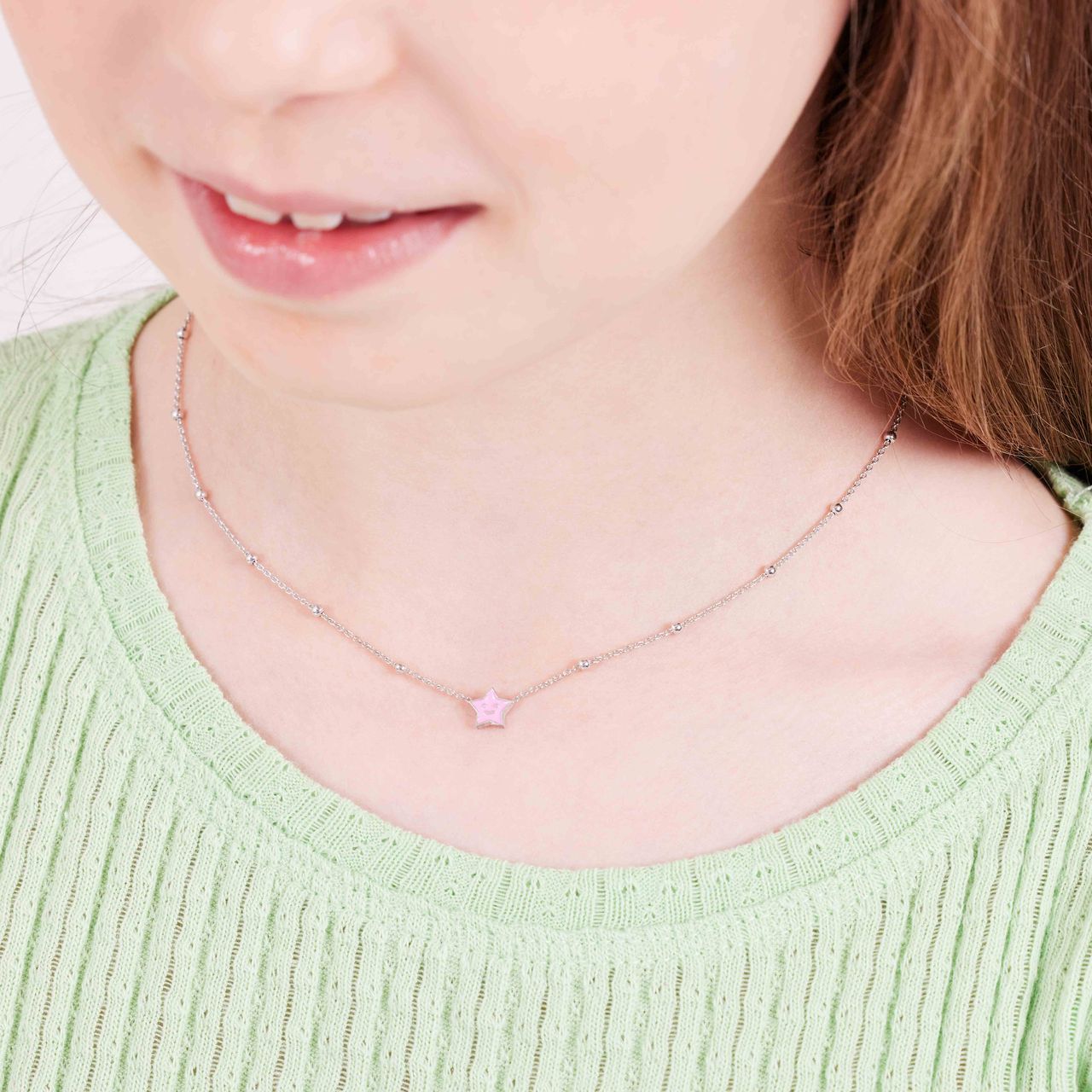 Zilveren ketting ster enamel roze