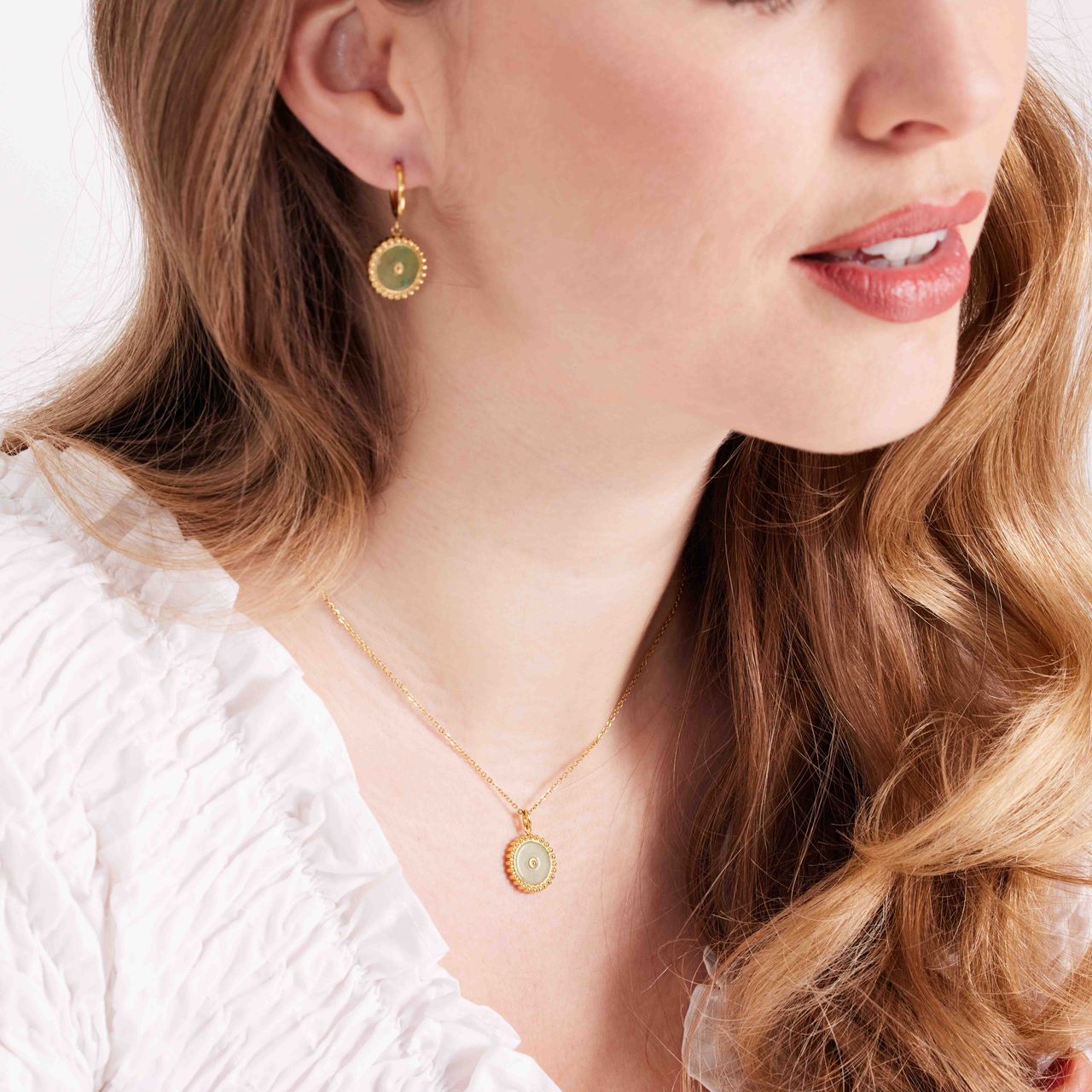 Stalen goldplated ketting met munt met aventurijn voor dames