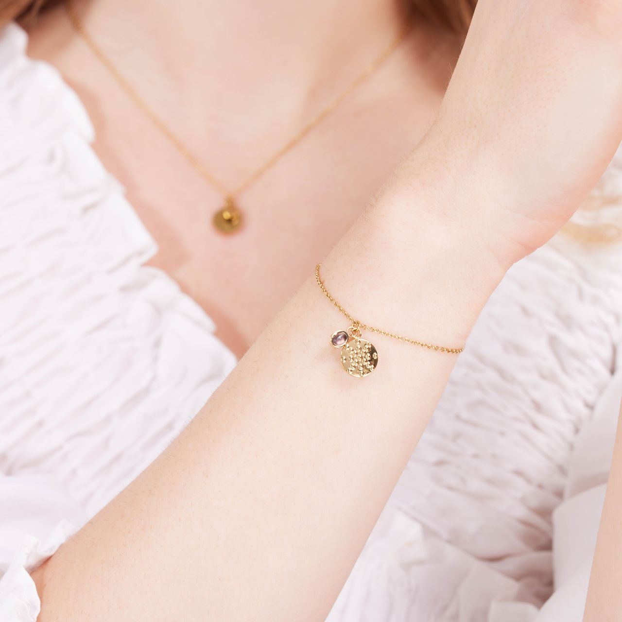Stalen goldplated fantasiearmband met hanger met amethyst voor dames