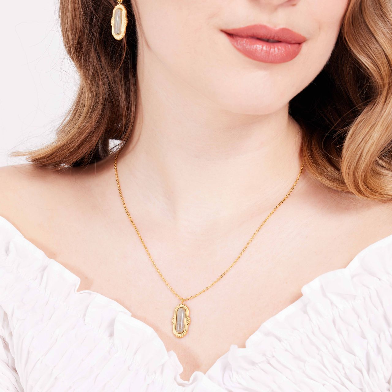 Stainless steel goldplated ketting met hanger met cats eye voor dames