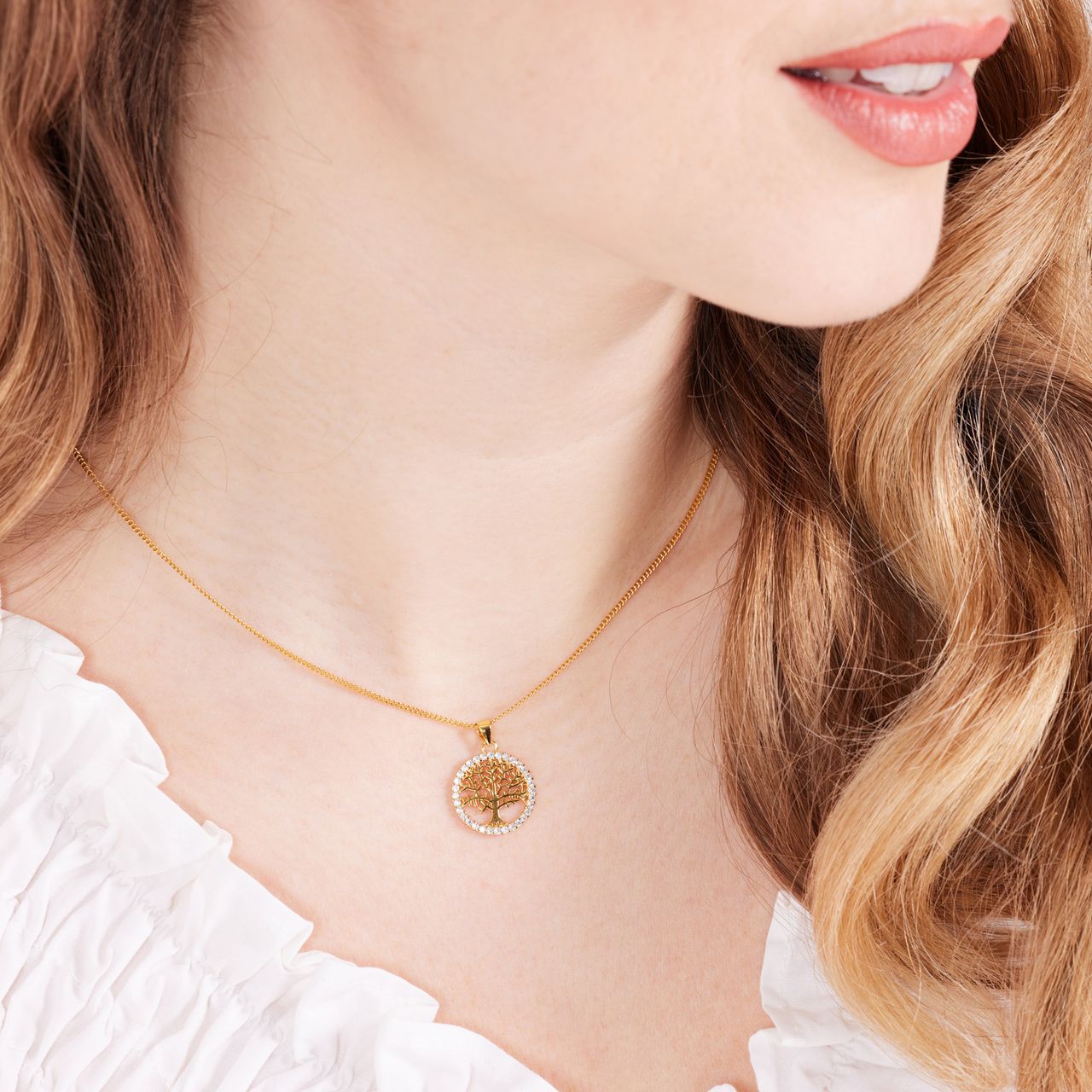 Kette aus 925 Silber vergoldet & Anhänger Lebensbaum mit Zirkonia