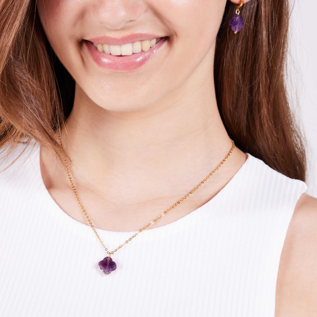Stalen goldplated ketting met hanger bloem met amethyst voor dames