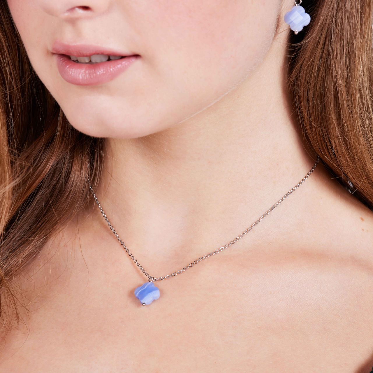 LuLu Jewels stalen ketting met blauwe lace agaat voor dames
