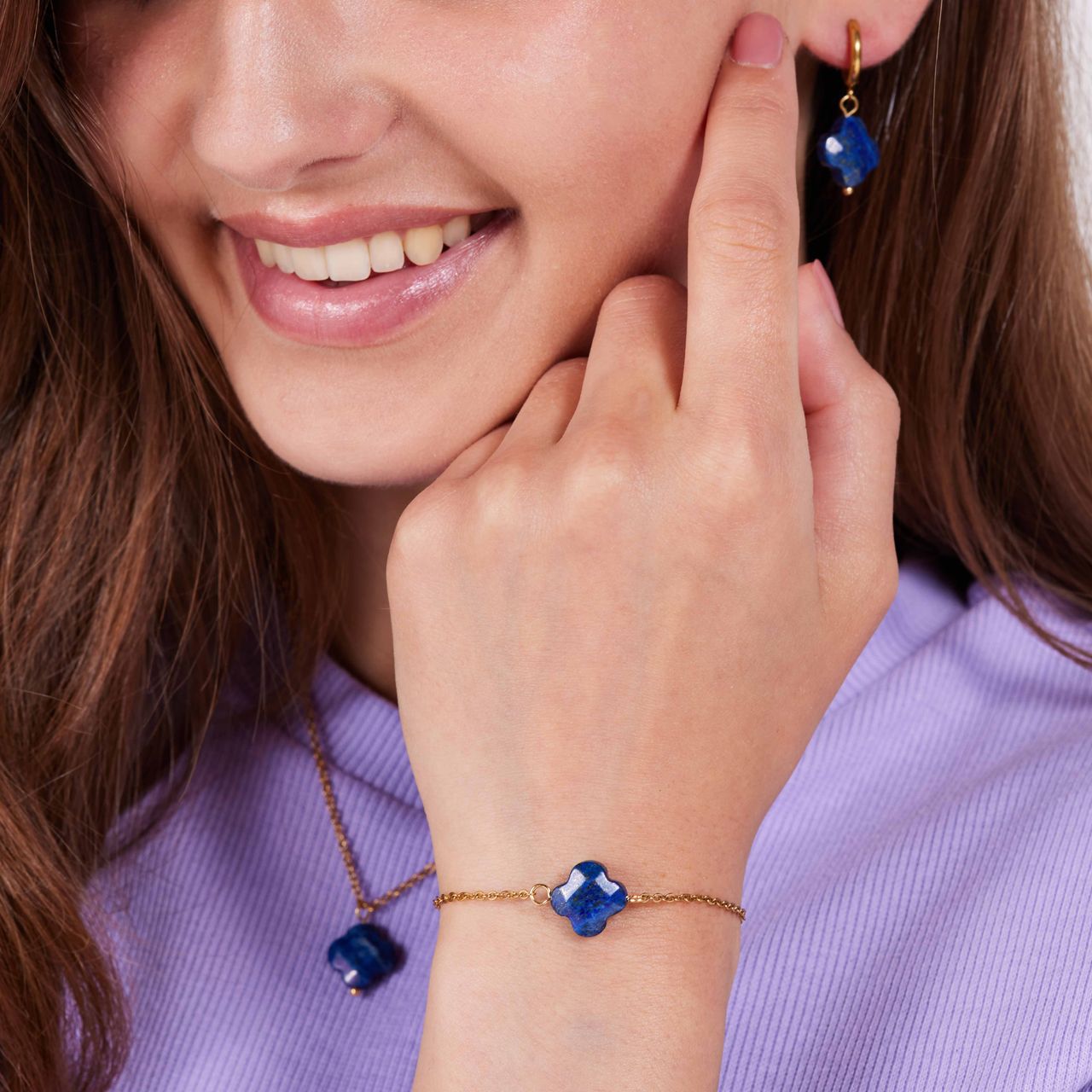 Stainless steel goldplated fantasiearmband met hanger bloem met lapis lazuli voor dames